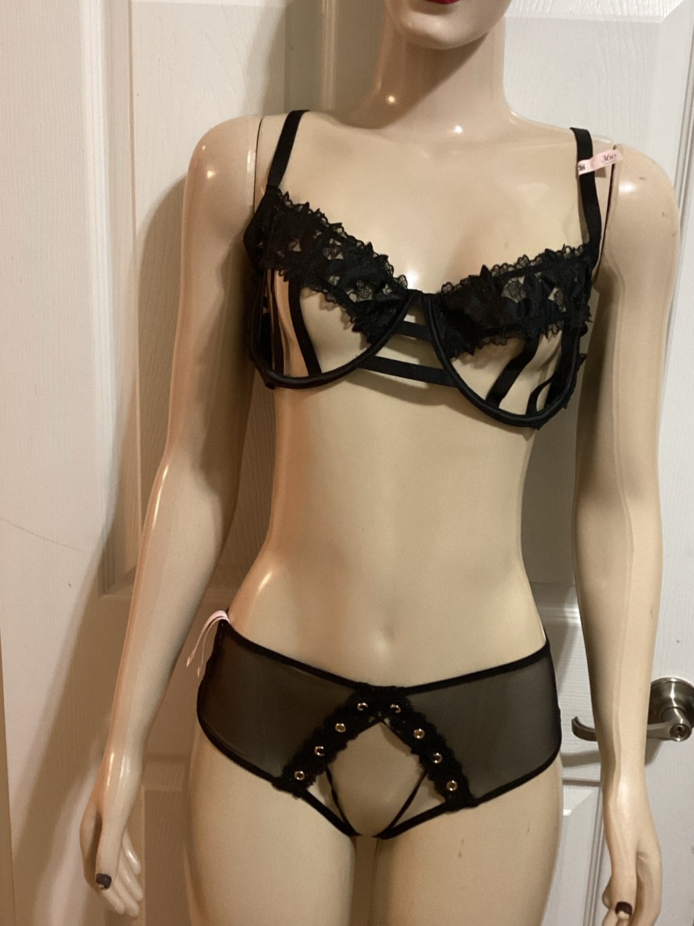 Victoria's Secret Black Sheer Lace Cage Bra & Open-Front Brief Set